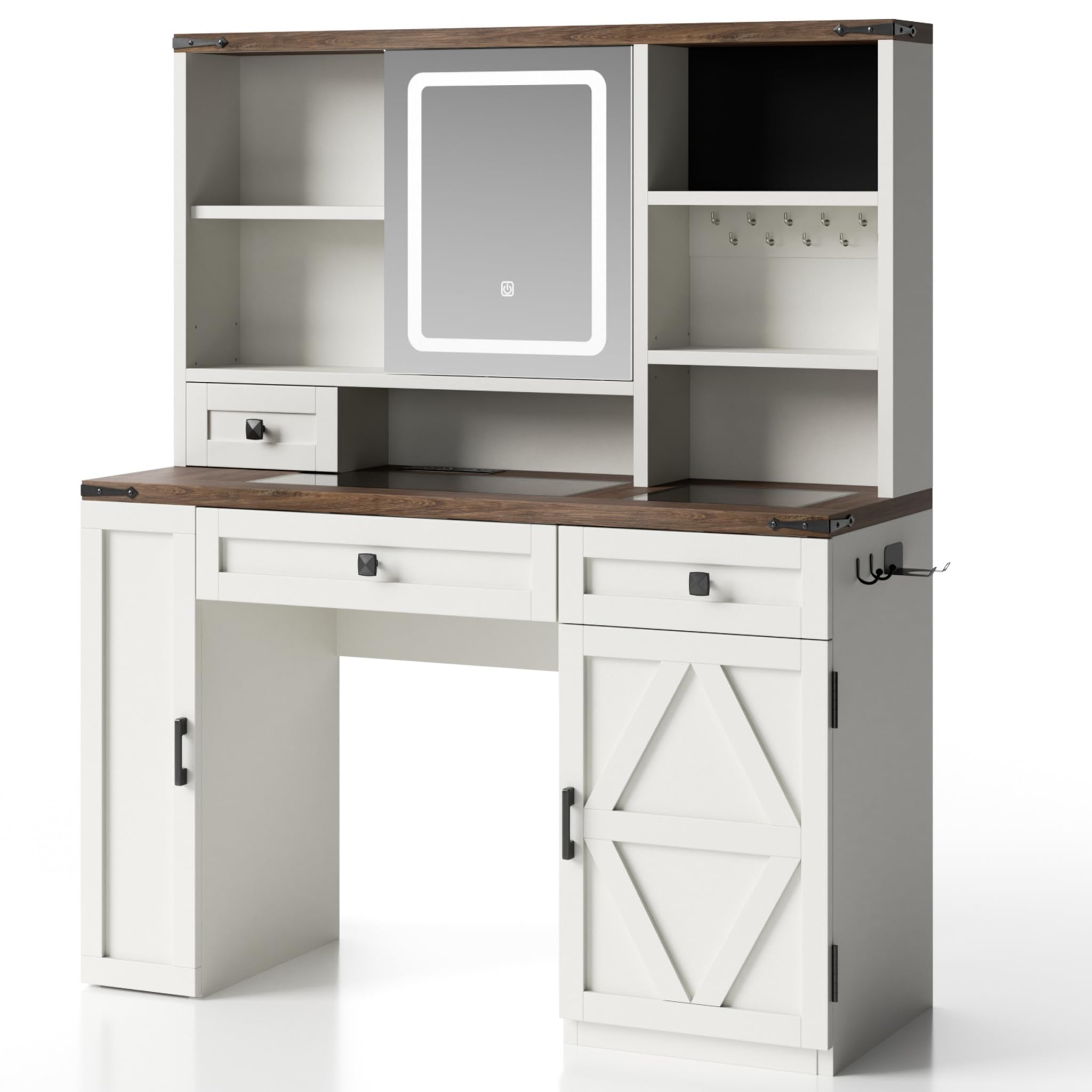 Photo 1 of *MISSING PARTS UNKNOWN*
Farmhouse Makeup Vanity Desk with Sliding Mirror and Lights, Glass Desktop Makeup Vanity Desk with Charging Station, 3-Tier Hidden Slide-Out Vanity Shelves, Jewelry Storage Cabinet, 2 Drawers-White