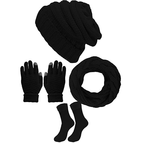 4 Pieces Hat Scarf and Gloves Socks Set, Warm Knitted Scarf Neck Warmer Beanie Hat and Touch Screen Gloves Set Thermal Socks for Men Women Winter Outdoor Sports (Black)