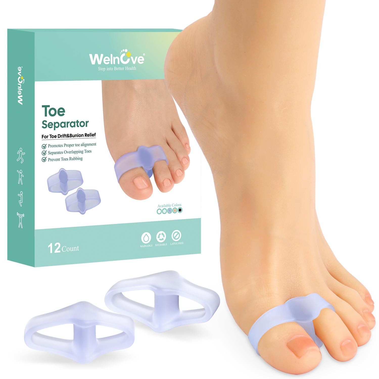 Welnove Pack of 12 Bunion Corrector, Toe Separators with 2 Loops, Big Toe Space Suitable for Bunion and Overlap Toe (Violet)