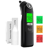 Femometer Family Ear Thermometer, Highly Accurate Ear Thermometer for Kids, Adults and Babies, 30 Memory Recall, 1s Result and 3-Color Fever Alert, with 24 Disposable Probe Covers, Black