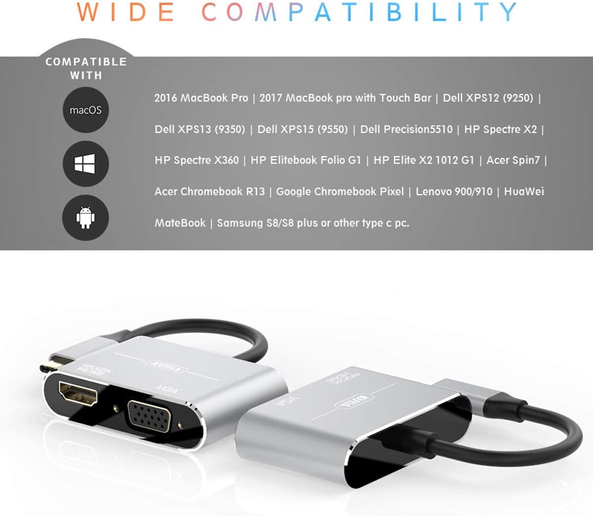 KUYIA USB C to HDMI VGA Adapter, 2 in 1 USB 3.1 Type-C to VGA and HDMI Converter Hub Compatible with MacBook Pro/Air - Image 4