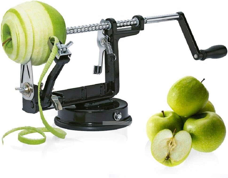 Apple peeler, Apple Peeler and Corer with Suction Base 3 in 1 Slinky Machine Durable Heavy Duty Die Apple Peelers Made In USA (Black)