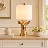 Giraffe Table Lamp.Gold Resin Savanna Animal Lamp for Safari nursery decor | Jungle animals Bedside Lamp With Linen Shade for Bedroom, Living Room, Kids Room. Modern Eclectic Home Decor Gift