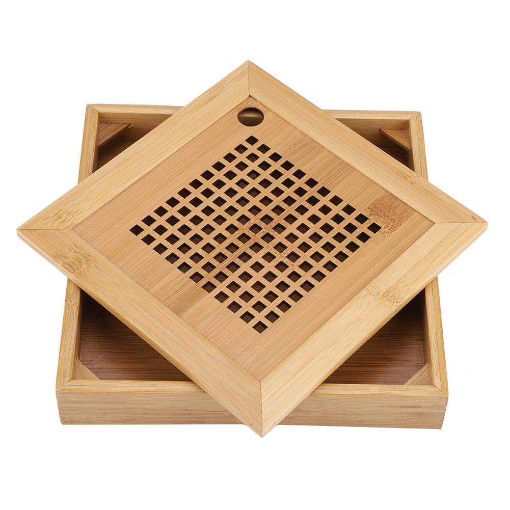 TOPINCN Tea Table Serving Tray, Bamboo Drainage Type Japanese/Chinese Style Mini Square Kongfu Tea Plate with Water Storage for Home Office