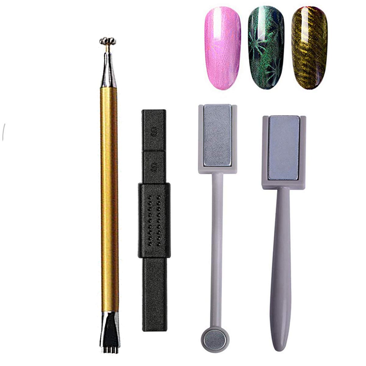 4Pcs Nail Magnet Tool Set, Mwoot Double Head Flower Design Nail Magnet Pen And Strong Magnet Stick Dotting pens For DIY 3D Magnetic Cat Eye UV Gel Polish Nail Art