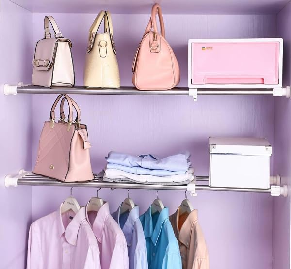 BAOYOUNI EXPANDABLE CLOSET TENSION SHELF ROD ORGANIZER ADJUSTABLE STORAGE RACK HEAVY DUTY CLOTHES HANGER METAL SPACE SAVING DIVIDER FOR BATHROOM KITCHEN CUPBOARD WARDROBE BOOKSHELF 32”-46”, IVORY
