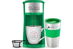 AdirChef Single Serve Mini Travel Coffee Maker & 15 oz. Travel Mug Coffee Tumbler & Reusable Filter for Home, Office, Camping, Portable Small and Compact (Green)
