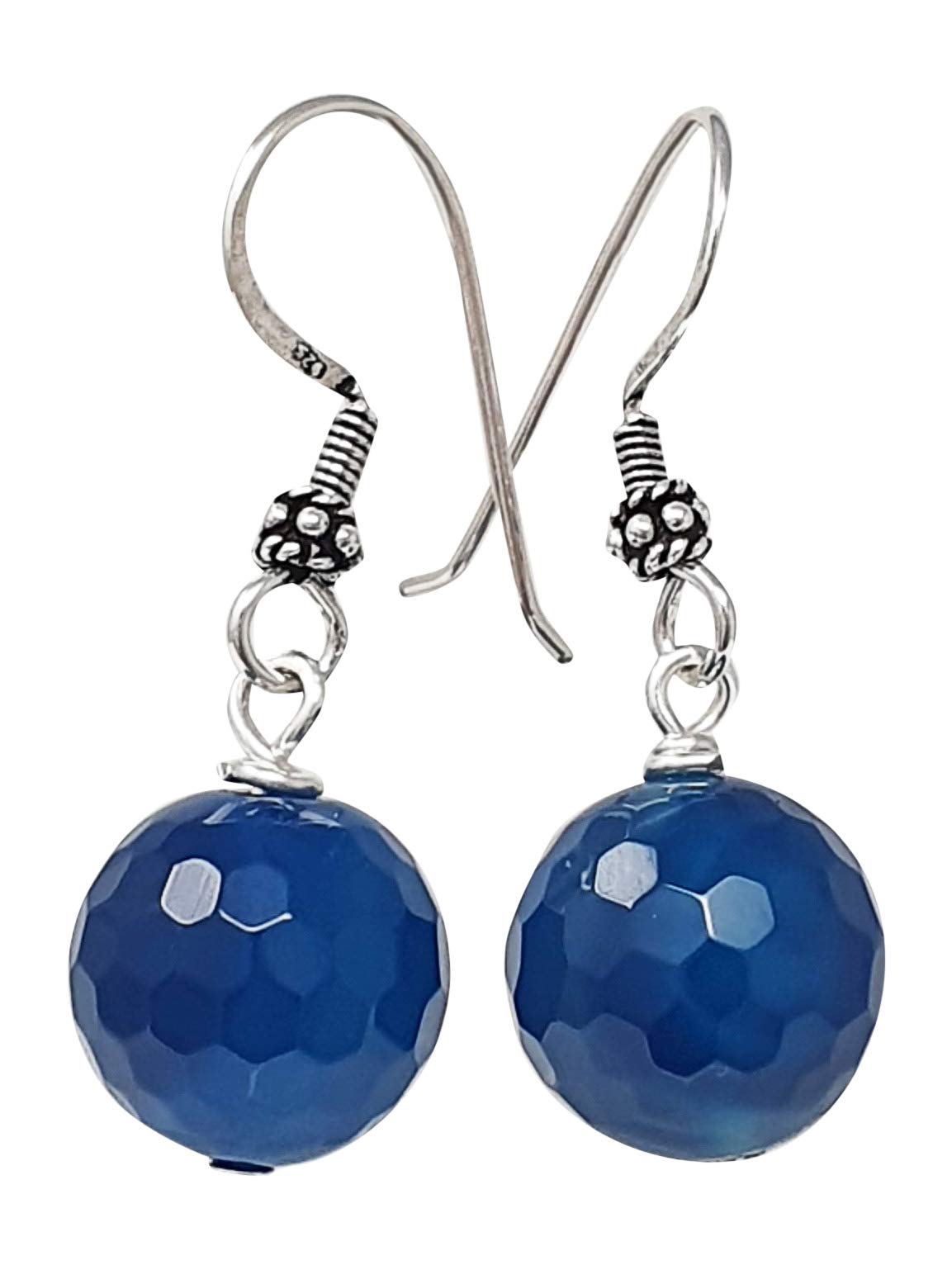 TreasureBay Stunning Handmade Natural Gemstone Earrings for Women Made with Sterling Silver (14mm Blue Agate)