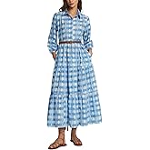 D-Sun Women Long Sleeve Maxi Dress V Neck Button Down Flowy Tiered Ruffle Shirt Dress Casual Fall Long Dresses