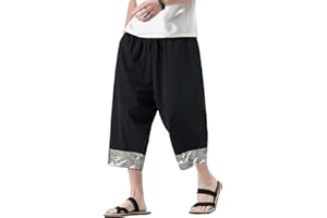DOSLAVIDA Men's Linen Harem Capri Pants Loose Fit Yoga Beach Shorts Elastic Waist Wide Leg Baggy Cropped Trousers