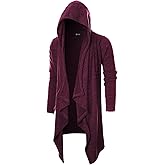 GIVON Mens Hooded Cardigan Ruffle Shawl Collar Drape Cape Overcoat with Pockets & Oversized Hood