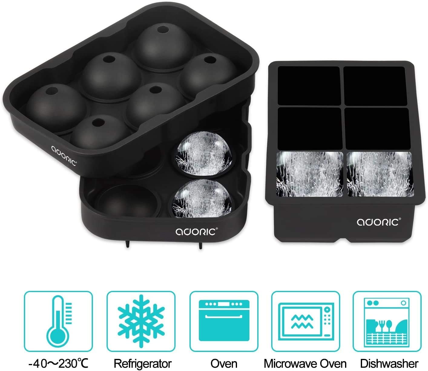 Adoric Ice Cube Trays Silicone Set of 2, Sphere Ice Ball Maker with Lid and Large Square Ice Cube Molds for Whiskey, Reusable and BPA Free (Ice Cube Trays Silicone Set of 2): Kitchen & Dining