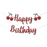 Cherry Birthday Banner - Funny Fruit Theme Happy Birthday Sign, Cherry 1st Bday Bridal Shower Banner, Cherry Theme Birthday Party Decorations Red Glitter