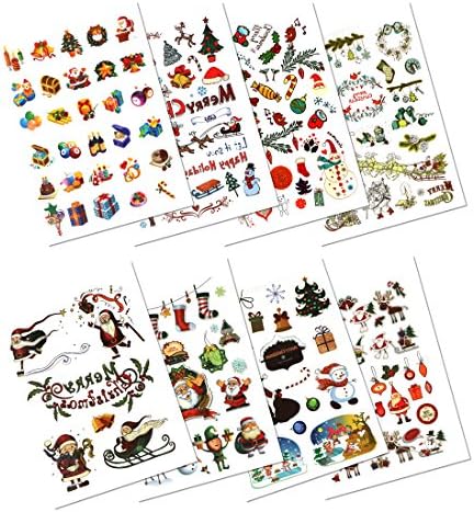Multi-colored Christmas Temporary Tattoos, PrettyDate 150+ Vivid Designs, Fake Festival Tattoos for Kids Yuletide Party- Santa, Reindeer, Snowman, Candy Gifts- 8 Sheets