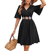 LightlyKiss Women's V-Neck Short Flutter Sleeve Wrap A-Line Dress - Casual Embroidered Belt Beach Holiday Dress