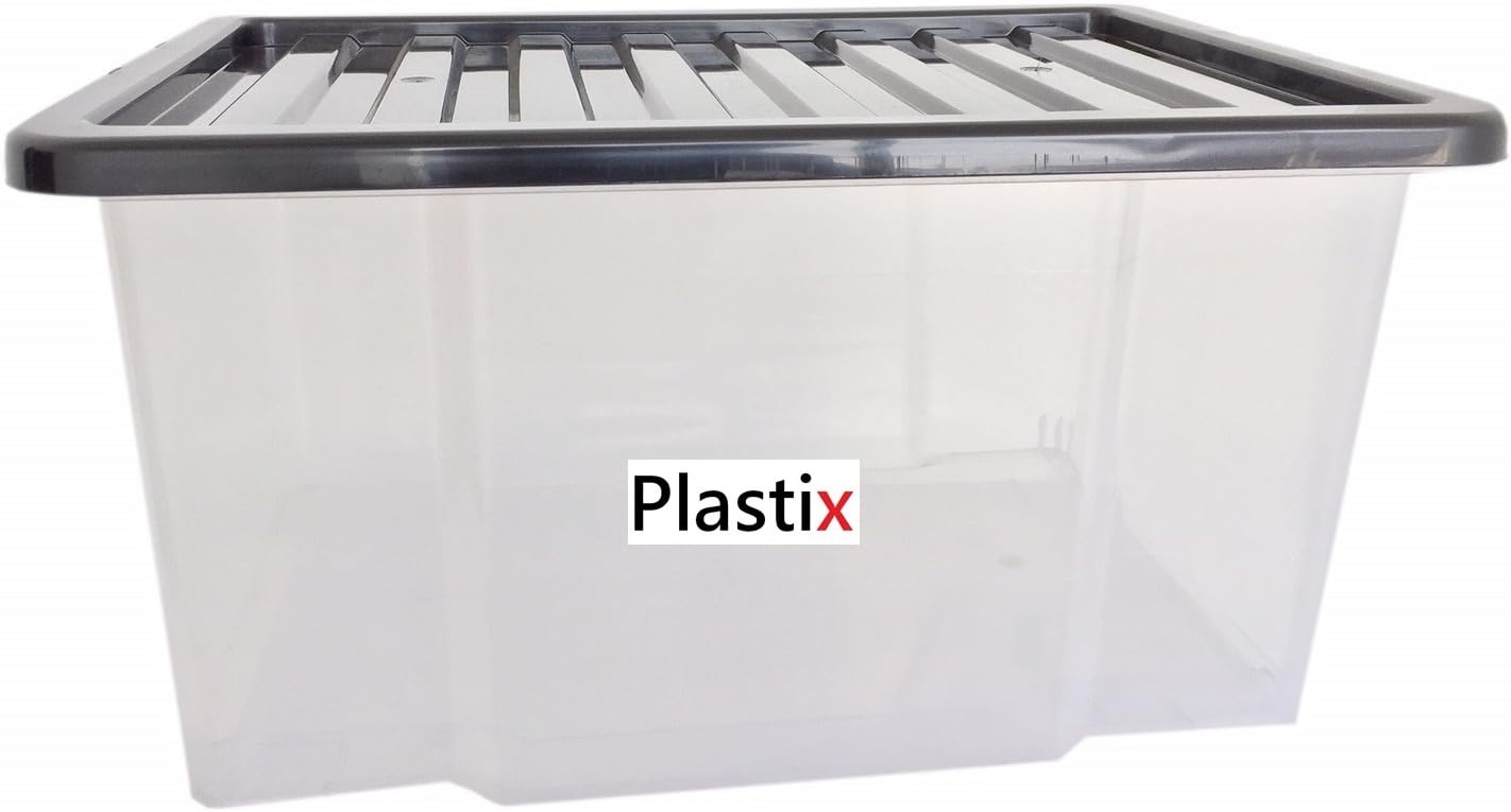 Plastix Clear Plastic Storage Box Boxes With Lids Home Office Stackable UK Made (50 LITRE, With Black Lid)
