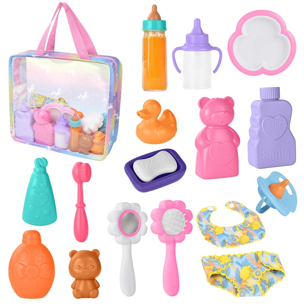 Aolso 18 Pcs Baby Doll Accessories Toy Set, Include Magic Baby Doll Milk Bottle and Dummy, Dinner Plate, Handbags, Comb Mirrors, Bib Shorts and Bathroom Accessories