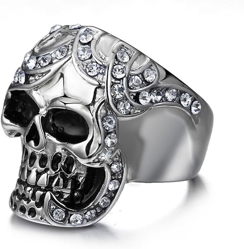 Mens Fashion Stainless Steel Punk Rock Style Gothic Kito Skull Ring Biker Band with CZ Cubic Zirconia Inlay