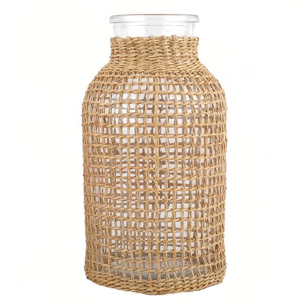 Happyyami Wicker Vase Glass Desktop Vase Rattan Woven Basket Seagrass Woven Arrangement Table Centerpiece