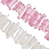 PH PandaHall 16 Inch Strand Quartz Crystal Points Loose Beads Sticks Spikes Titanium Coated Top Drilled Stone Charms for Necklaces Earrings Jewelry Crafts Making Christmas Decoration, Clear & Pink