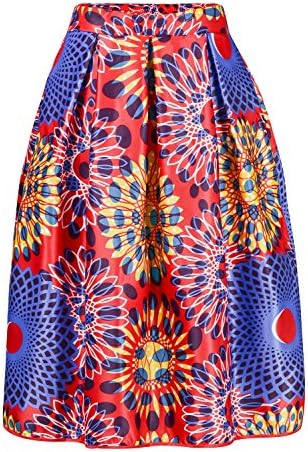 Annflat Women's African Print Knee Length Flare Skirts Pockets