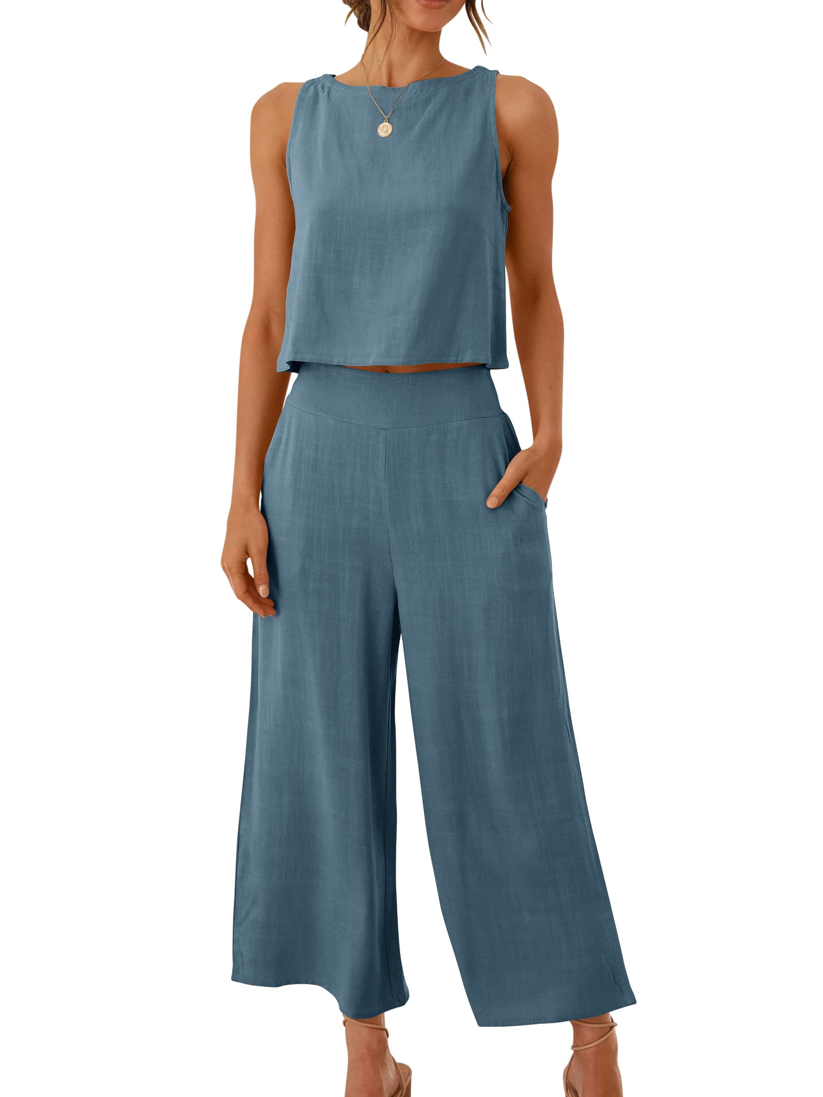 Photo 1 of ANRABESS Women's Summer 2 Piece Outfits Sleeveless Crop Top Capri Wide Leg Pants Jumpsuit Casual Linen Lounge Matching Sets Beach Travel 2025 Trendy Clothes Gray Blue Medium