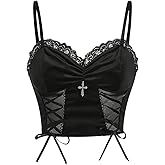 SHENHE Women's Goth Contrast Lace Lace Up Mesh Bralette Cami Top Spaghetti Strap Sleeveless Cami Tank Crop Tops