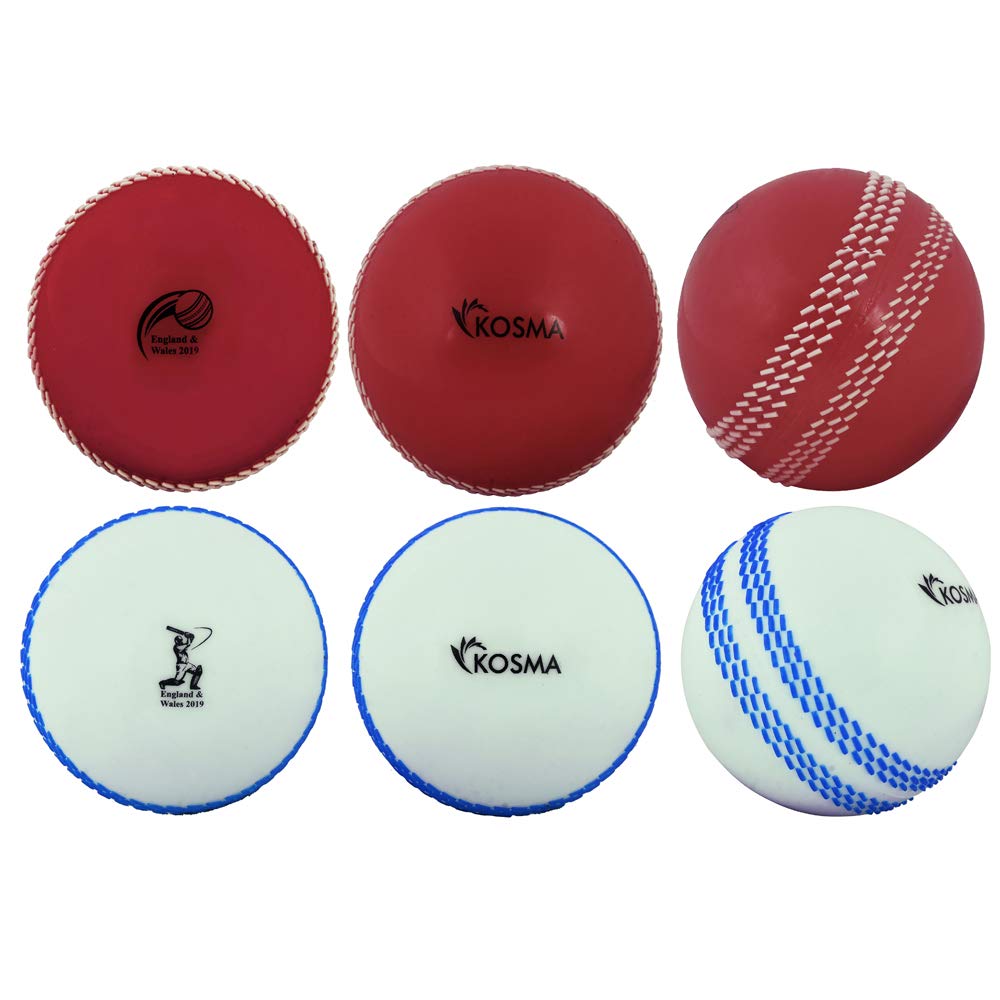 Kosma Pack of 6 Windball Cricket Ball | Indoor & Outdoor Soft Training Cricket Ball for Coaching Practice (3Pc Each of Red with White seam, White with Blue seam)