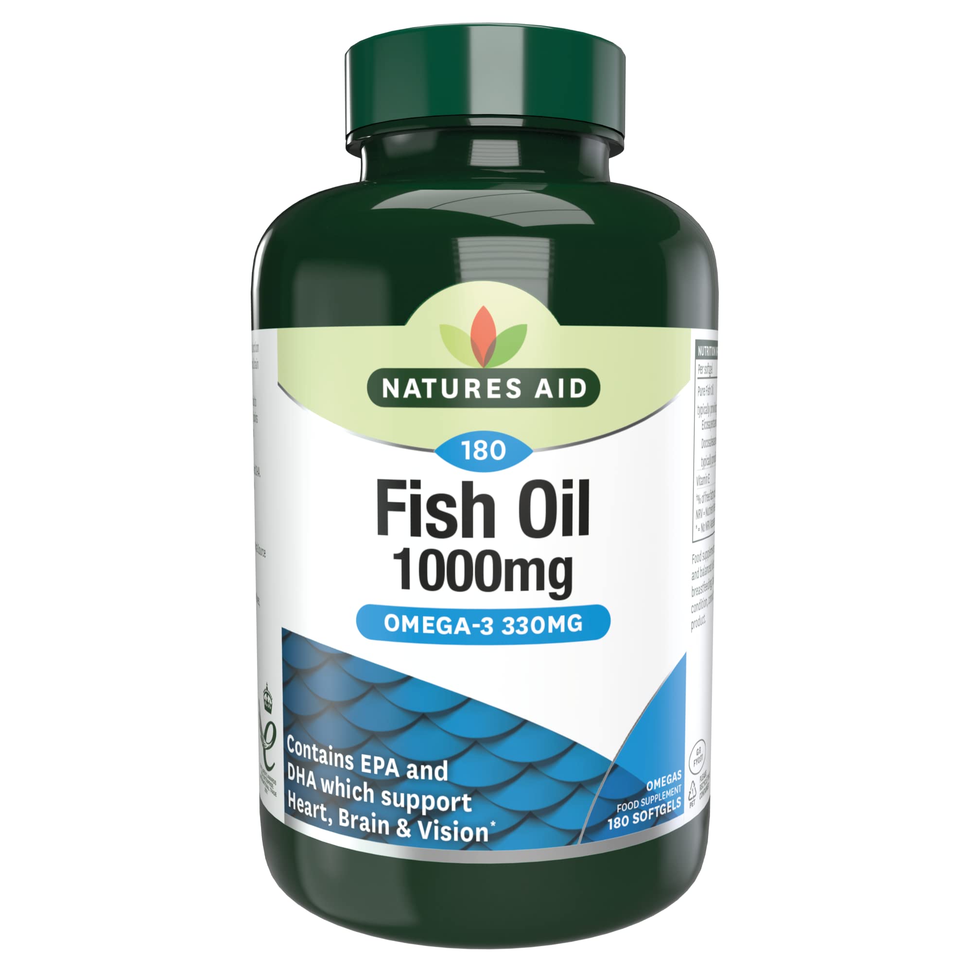 Natures Aid Fish Oil 1000mg – High Strength Omega-3 Supplement – Pure EPA & DHA – Supports Heart, Brain, Vision & Joint Health – Non-GMO – No Artificial Additives – 180 Capsules
