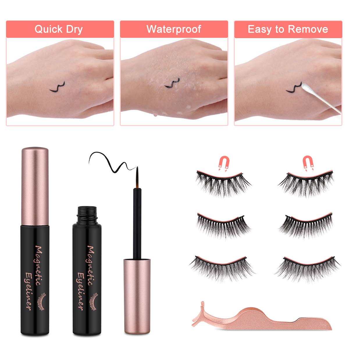 Magnetische Wimpern Eyeliner Kit, 6 Paar Natürlich Wasserdicht Falsche Magnetische Wimpern, 3D Wiederverwendbar Magnetischer Eyeliner 10Ml, Leder-Geschenkbox (Roségold)
