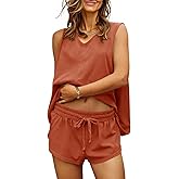 Fisoew Women's Summer 2 Piece Outfits Short Sets Loose V Neck T Shirts Casual Shorts Tracksuit Lounge Sets