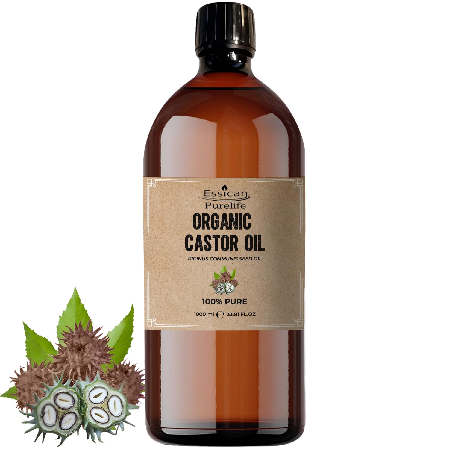 100% Pure Premium Castor Oil Organic, Cold Pressed, Hexane Free Castor Oil for Hair Growth - 1000ml