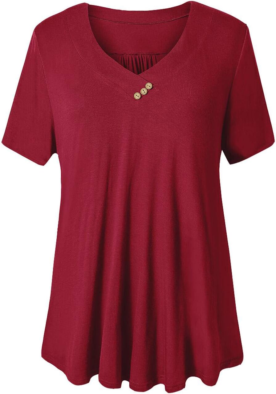 Women’s Plus Size Short Sleeve Henley Shirt V Neck Floral Blouses Tunic Tops M-4XL