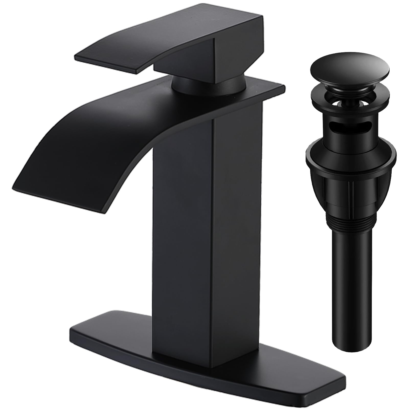 Photo 1 of (used item) VAPSINT Black Waterfall Bathroom Faucet, Modern Matte Black Single Handle Bathroom Sink Faucet for 1 or 3 Hole, Commercial Deck Mount