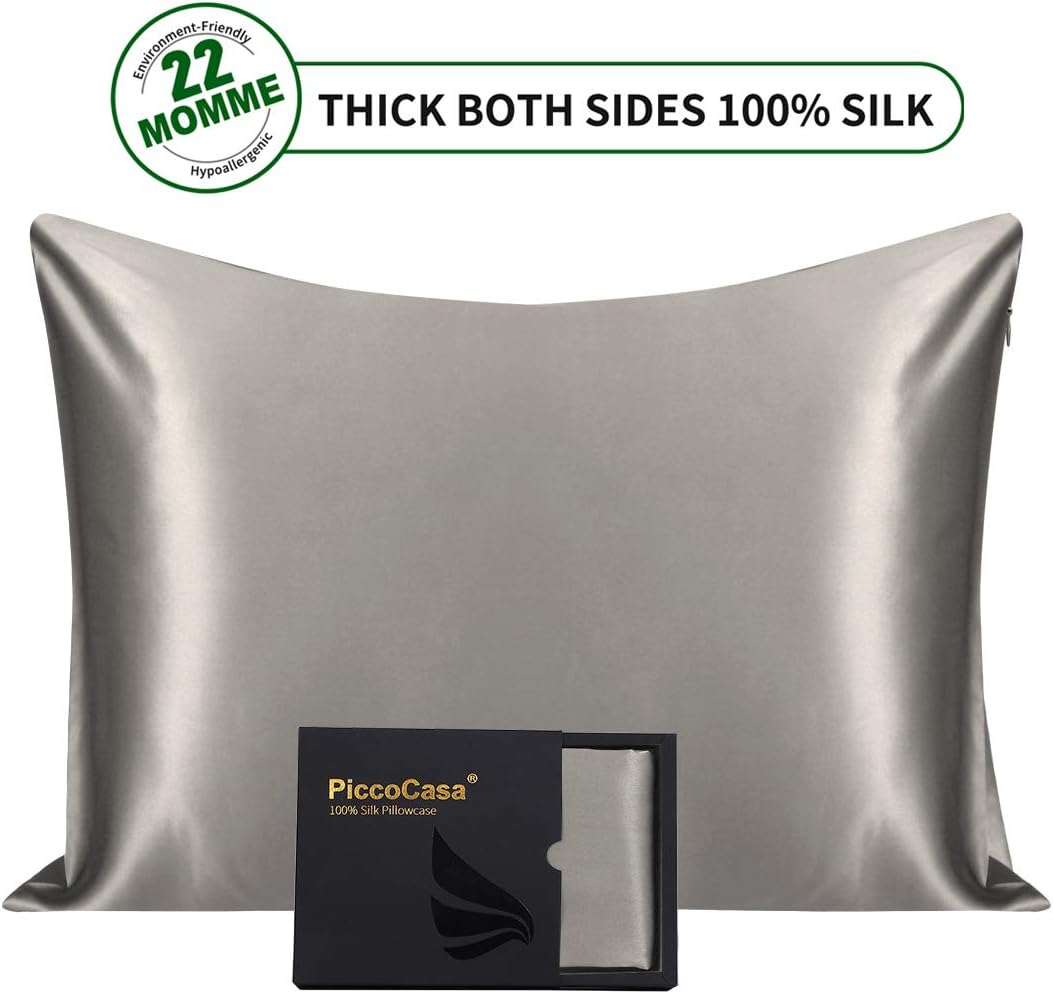 PiccoCasa 100% Pure Silk Pillowcase 22 Momme 550tc Natural Silk Pillow Cases Soft Breathable Both Sides Silk for Hair and Skin with Hidden Zipper, King 20x36 Inch, Grey