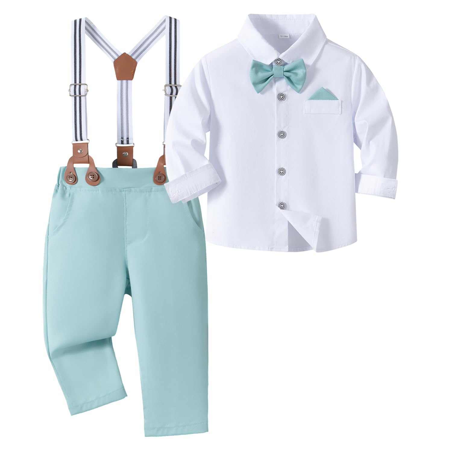SALNIER Toddler Dress Suit Baby Boys Clothes Sets Bowtie Shirts Suspenders Pants 4pcs Gentleman Outfits Suits 6 Month 6 Years(Light Green,12-18 Months) Image
