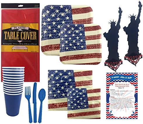 4th of July Disposable Premium Dinnerware Party Pack - Tried and True - Square Dinner and Dessert Plates, Napkins, Cups, Silverware, Centerpiece &amp; Table Cover Bundle (Serves 8)