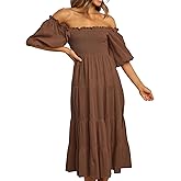 R.Vivimos Women's Summer Cotton Lantern Sleeves Ruffled Off Shoulder A-Line Midi Dresses