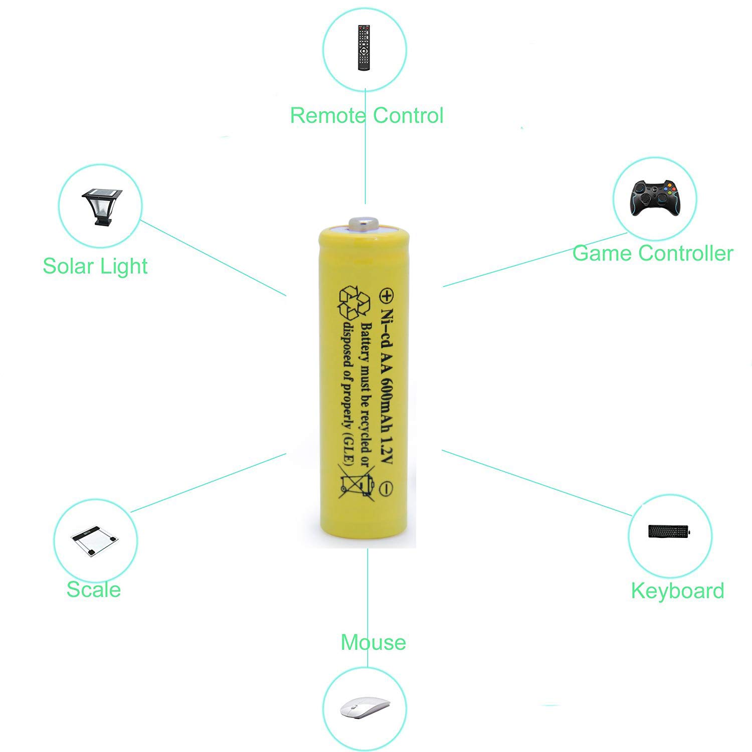 ni-cd aa 600mah 1.2v Rechargeable Battery for Solar 2A Solar Batteries for Outdoor Solar Lights (8 Pack AA Yellow)