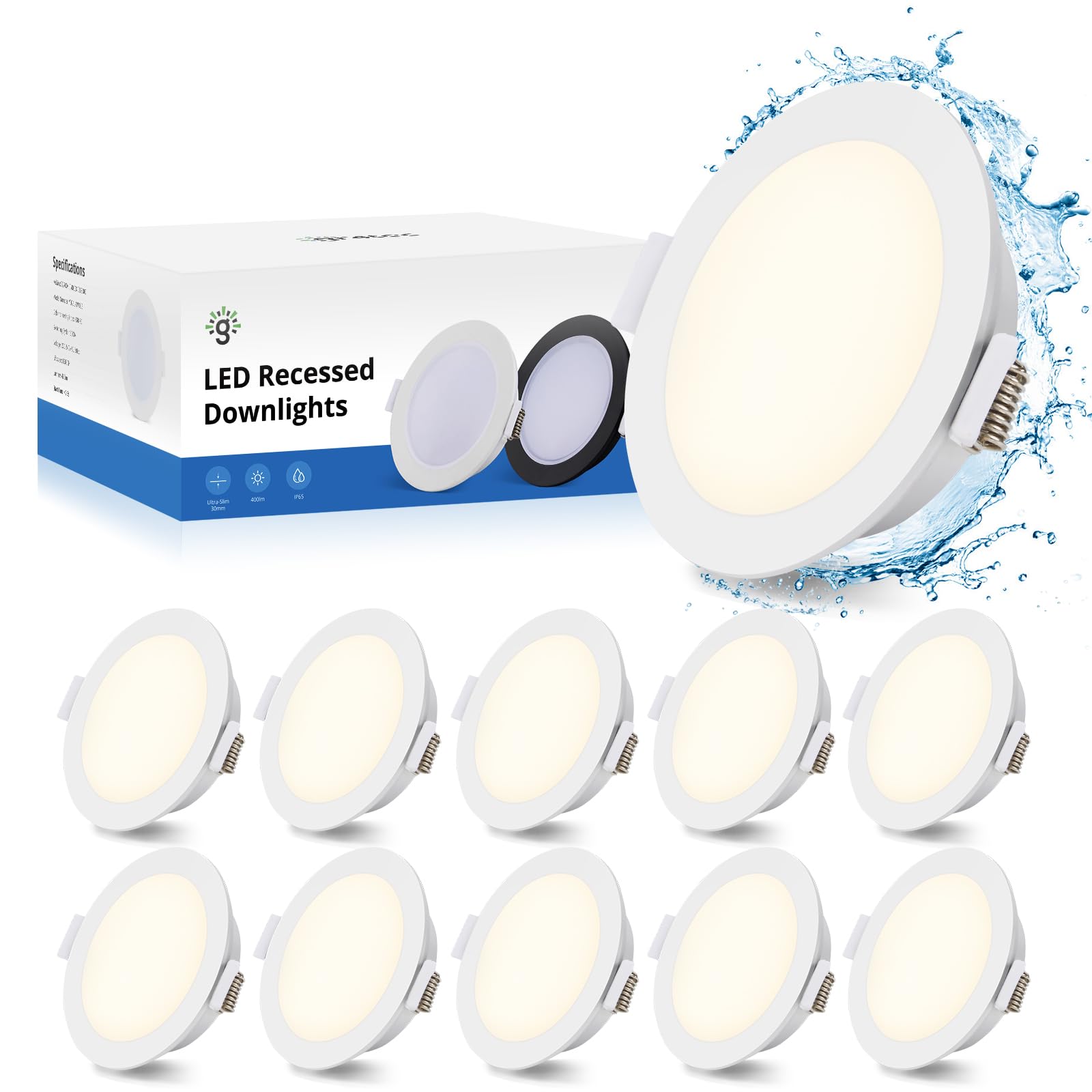 Gr4tec LED Downlights Ceiling, 10x 5W LED Recessed Ceiling Lights 4000K Natural White, Bathroom Spotlights IP65, 35mm Ultra-Slim, Φ68-80mm Hole, Down Lights for Living Room, Bathroom, No Fire Rated — image 1
