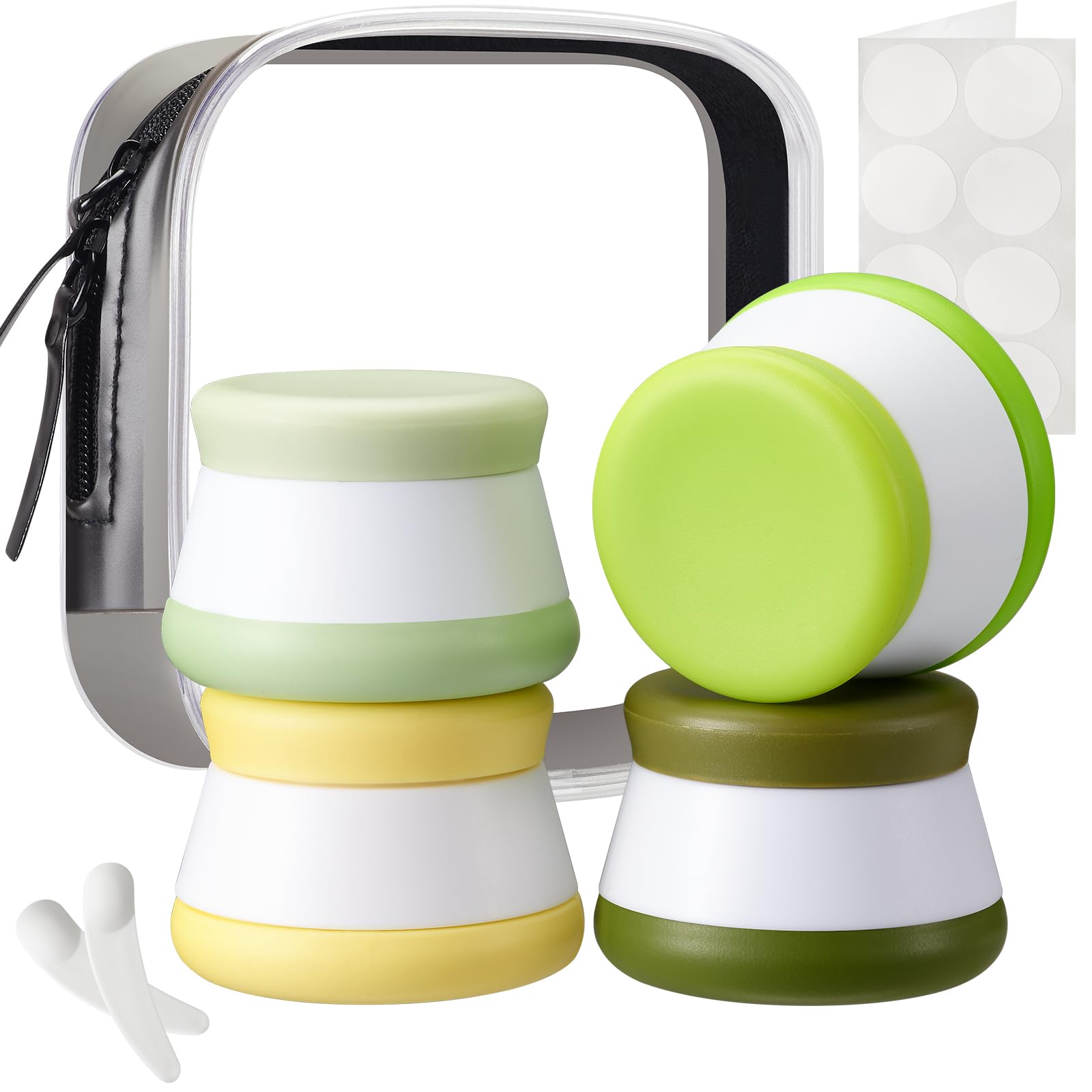 INSFIT 4 Pack Silicone Travel Containers - CAA Compliant 20ml Leakproof Toiletries Jars, BPA-Free Cream Containers with Lids & Labels, UK Travel Essentials (Includes Mini Spatulas)