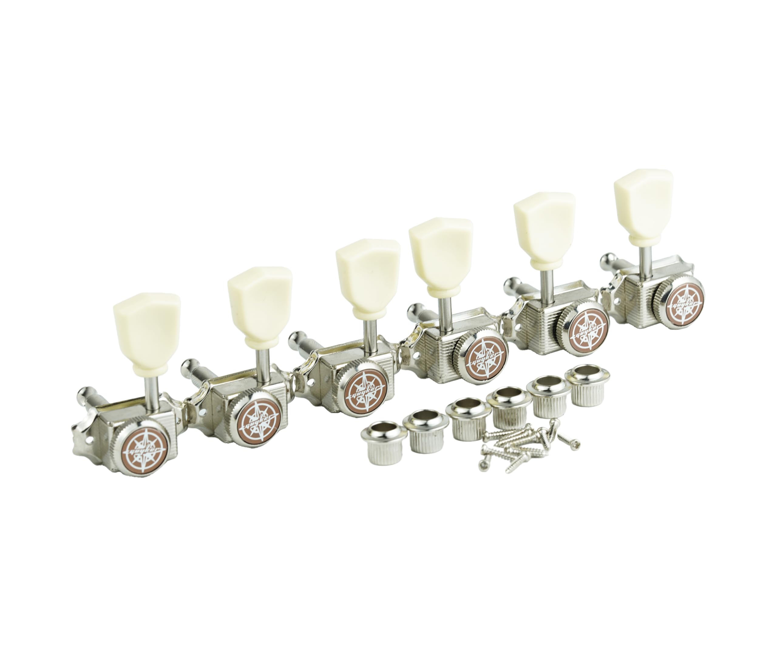 Guyker 3x3 Vintage Style Locking Guitar Machine Heads – 1:15 Ratio Lock String Nickel Deluxe Tuning Key Pegs Tuners Set Replacement for Electric, Acoustic or Folk Guitars - GK44sp, White Button