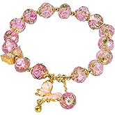Buddha Stones Butterfly Charm Bracelet for Women, Liuli Flower Healing Bracelet with 8mm Floral Beads, Pastel Stretch Bracelets Jewelry Gifts for Her Mother