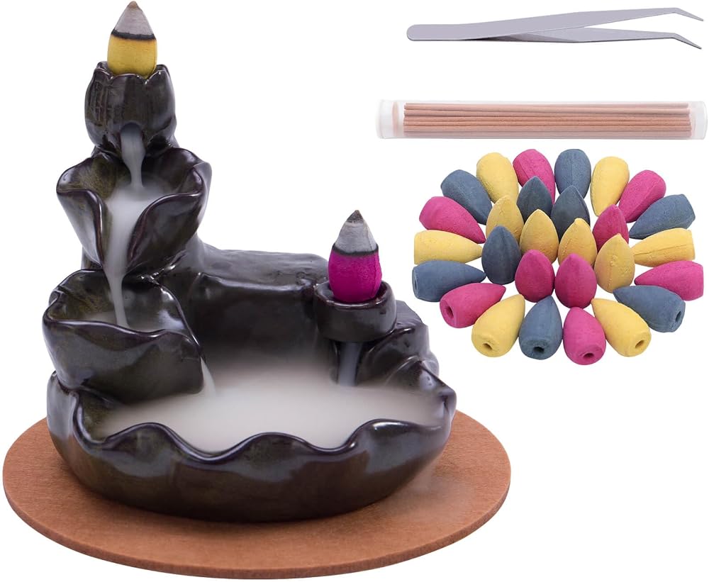 HERBTALE Ceramic Waterfall Backflow Incense Burner Set - 80 Cones + 30 Sticks
