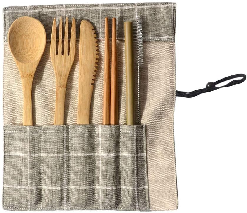 6 IN 1 Bamboo Cutlery Set,Altsommer Portable Bamboo Cutlery Travel Eco-friendly Fork Spoon Set Include Reusable Bamboo Slice,Knife,Spoon,Chopsticks,Straw,Cleaning Brush