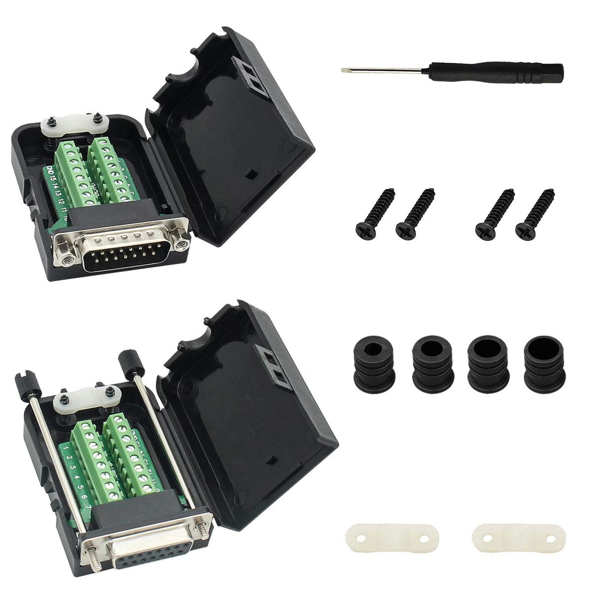 Youmile 2PCS DB15 D-SUB Connector 15Pin Male And Female 2 ROW Terminals Adapter Breakout PCB Board For DIY With Slotted screwdriver + Wire Cover