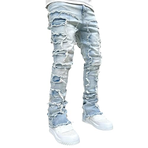 Stacked Jeans Men Skinny Ripped Jeans Slim Fit Patchwork Denim