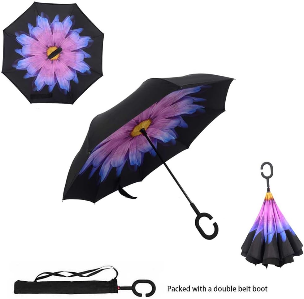 Asiki Windproof Reverse Folding Double Layer Inverted Umbrella with C shape Handle, Self Standing, Inside Out, Hand Free, Variety colors