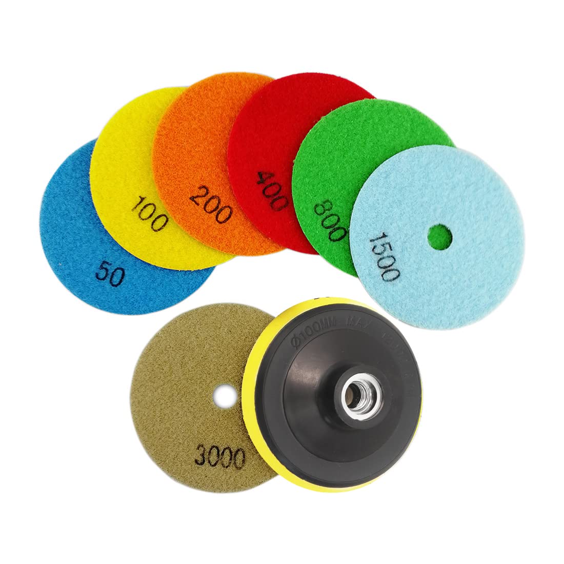 SHDIATOOL Dry Diamond Polishing Pads 7pcs Set Mixed Grits And A M14 Plastic Pad Attachment For Granite Marble Stone Ceramic Dia 4 Inch 100mm