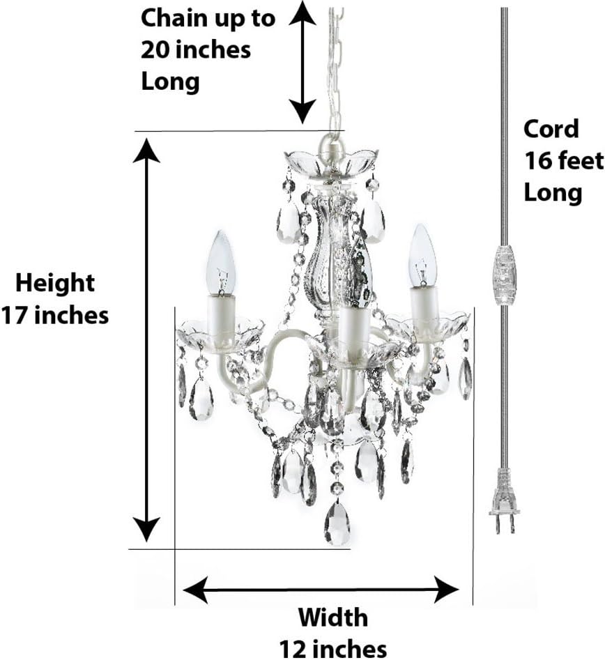 The Original 3 Light Crystal White Plug-in Gypsy Chandelier for H17" W12", White Metal Frame with Clear Acrylic Crystals (Better Than Glass) - - 